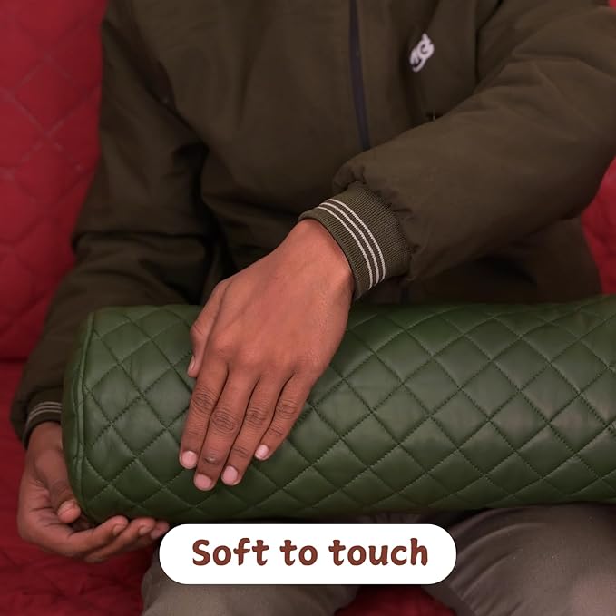 Neck Roll Pillow Cushion Cover, 18x6 Inch Full Moon Round Bolster Pillow Case, Cylinder Soft Lambskin Leather Pillowcase for Head, Spine & Neck Support During Sleep - Quilted Dark Green Pack of 1