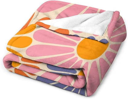 1970s Hippie Floral Throw Blanket, Retro Orange Pink Blue Flower Boho Groovy Daisy Flowers Comfortable Blanket for Couch Sofa Couch Chair 50"x60"