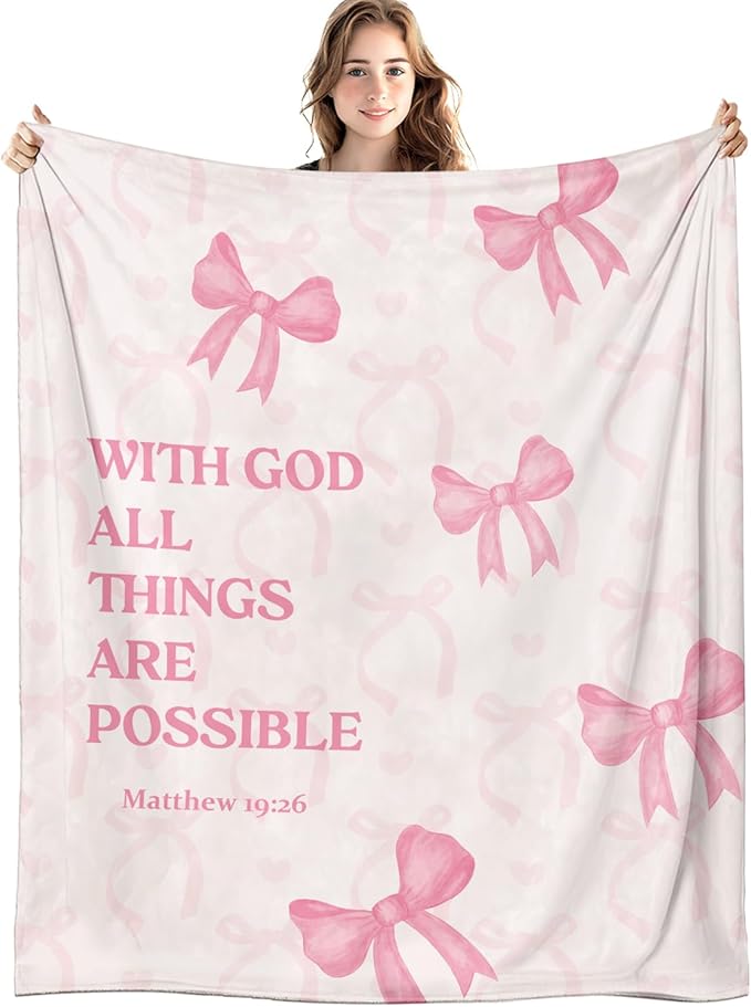 Coquette Pink Bow Christian Blanket, with God All Things are Possible Bible Verse Inspirational Throw Blankets for Girly Room Bedroom Dorm Couch Bed Decor, Preppy Religious Blanket, 50x60 Inch