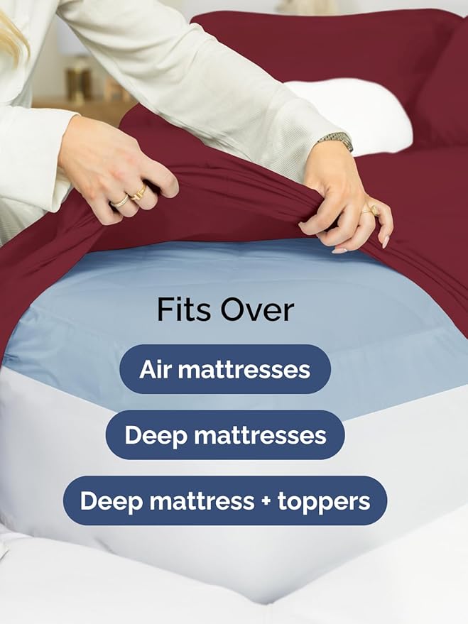 Extra Deep King Fitted Sheet - Hotel Luxury Single Fitted Sheet Only - Easily Fits 18 inch to 24 inch Mattress - Ultra Soft, Wrinkle & Fade Free w/Extra Deep Pockets - Breathable & Comfy - Burgundy