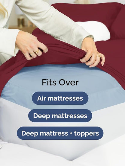 Extra Deep Pocket Full Sheets - 4 Piece Breathable & Cooling Bed Sheets - Hotel Luxury Bed Sheet Set - Soft, Wrinkle Free & Comfy - Easily Fits Extra Deep Mattresses - Deep Pocket Burgundy Sheets Set