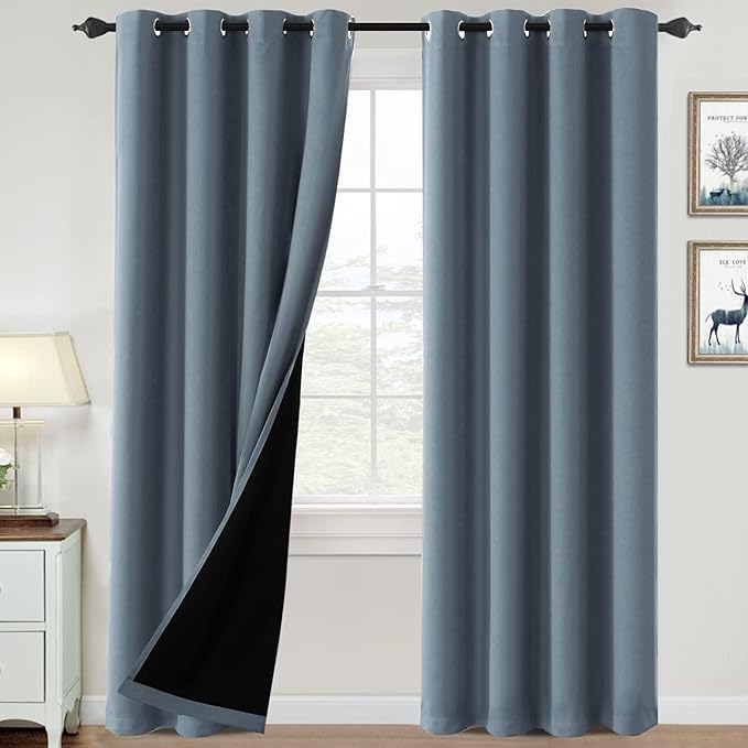 H.VERSAILTEX 100% Blackout Curtains for Bedroom Thermal Insulated Blackout Curtains 96 inch Length Heat and Full Light Blocking Curtains for Living Room with Black Liner 2 Panels Set, Stone Blue