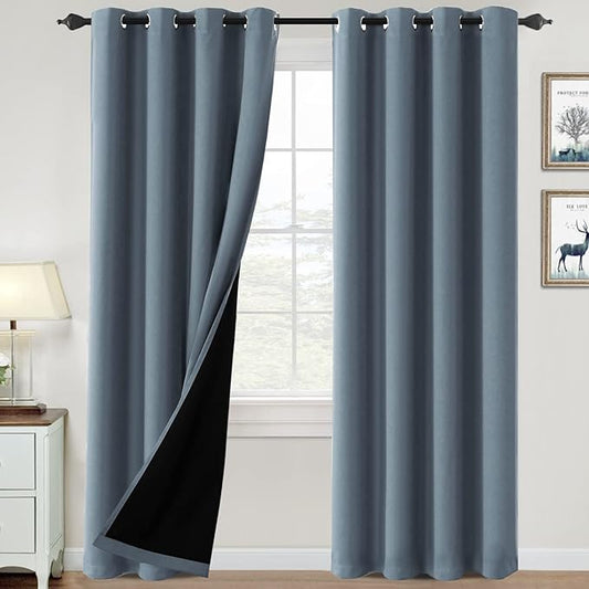 H.VERSAILTEX 100% Blackout Curtains for Bedroom Thermal Insulated Blackout Curtains 96 inch Length Heat and Full Light Blocking Curtains for Living Room with Black Liner 2 Panels Set, Stone Blue