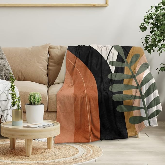 Boho Mid Century Blankets Black Geometric Throws Beige Abstract Modern Throw Blanket Minimalist Sun Soft Warm Bed Bedding Blankets for Couch Bedroom Sofa Office Cozy Flannel Blanket 40"X50"