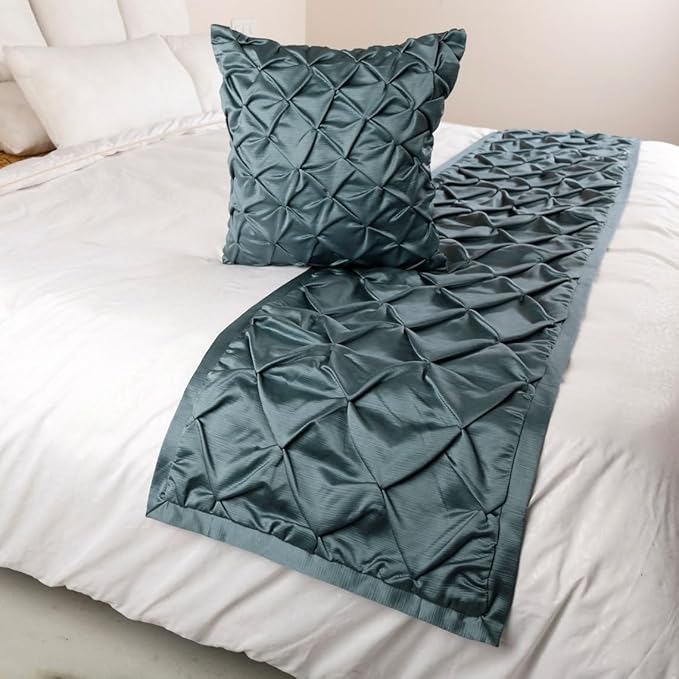 The HomeCentric Handmade Blue Queen 74 x 18 inch Bed Runner Without Pillow Cover, Satin Pintucks Bed Scarf, Solid Color Modern - Satin Nights