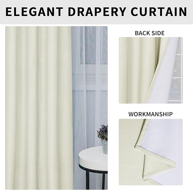 Easy-Going Linen Look 100% Blackout Curtain 52x63 Inch Window Curtain Drapes for Bedroom, Living Room Thermal Insulated Room Darkening (Set of 2 Panels, Ivory)