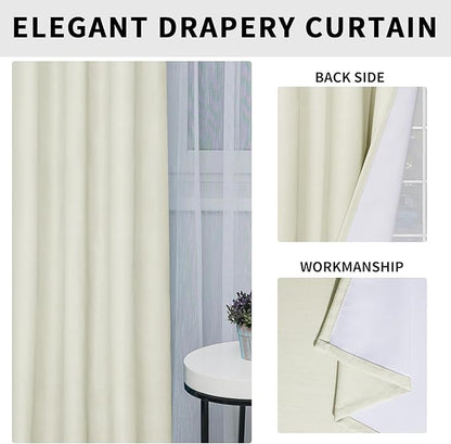 Easy-Going Linen Look 100% Blackout Curtain 52x63 Inch Window Curtain Drapes for Bedroom, Living Room Thermal Insulated Room Darkening (Set of 2 Panels, Ivory)