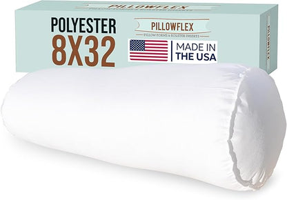 Pillowflex Bolster Pillow (8x32) - Round Roll Pillow Bolster Insert, Plush Polyester-Filled Insert for Decorative Shams, Odorless, Lint and Dust-Free Polyester Filling, No Lumps - (White)