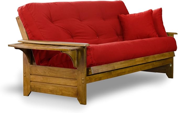 Nirvana Futons Brentwood Tray Arm Futon Sofabed Set - Queen Frame, 8" Thick Red Mattress, Rich Heritage Finish