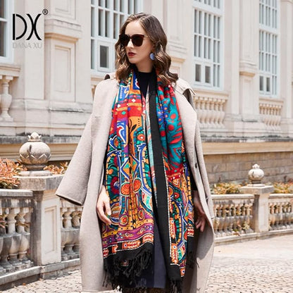 DANA XU 100% Merino Wool Extra Large Pashmina Blanket Travel Scarf Cashmere Wrap for Women Fall Winter Oversize Shawl Floral