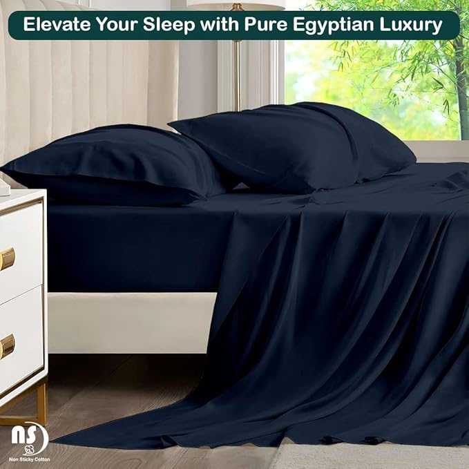 NON Sticky cotton Full Size Sleeper Sofa Sheets, 4 Piece Egyptian Cotton Bed Sheet Set for Sofa Bed, 6" Deep Pocket Fitted Sheet for Pull Out Couch Mattress, 54" x 75", Navy Blue Solid