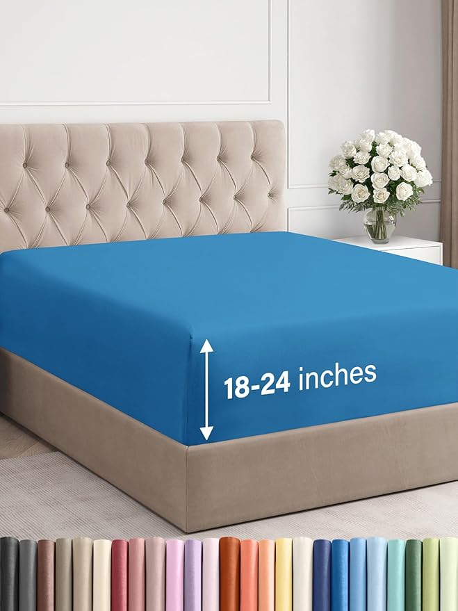 Extra Deep Cal King Fitted Sheet - Hotel Luxury Single Fitted Sheet Only - Easily Fits 18 inch to 24 inch Mattress - Ultra Soft, Wrinkle Free w/Extra Deep Pockets - Breathable & Comfy - Denim Blue