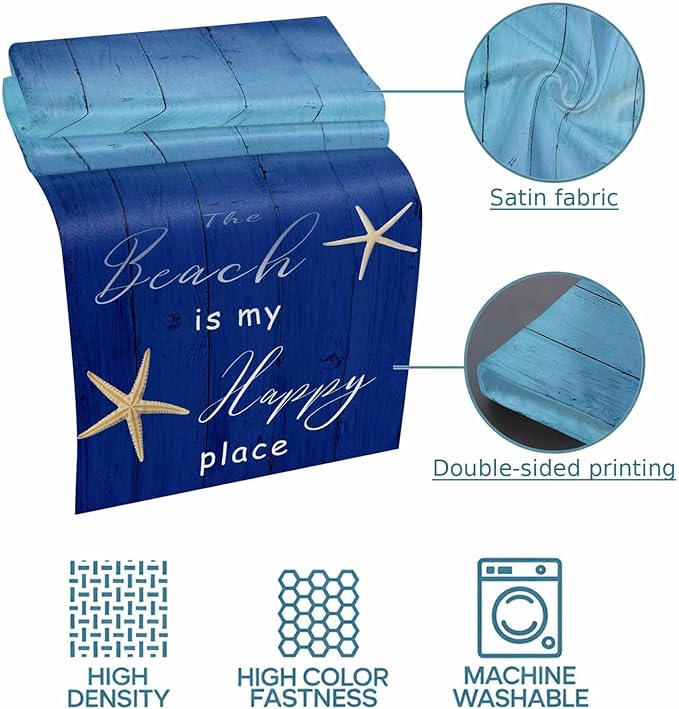 Happy Beach Place Marine Starfish Bed Runner for Bedroom Hotel, Decorative Bedding Scarf Gradient Blue Wood Grain End Blanket Runner for California King Size, 102x20in
