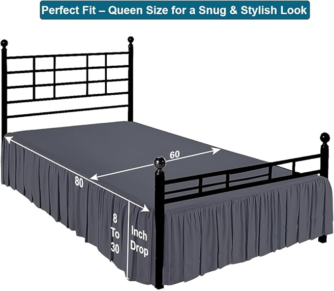 Shreem Linen Ruffled Bed Skirt with Split Corners, Gathered Style, 100% Microfiber, 15-Inch Drop, Dust Ruffle Bedskirt with Platform, Queen, Dark Grey