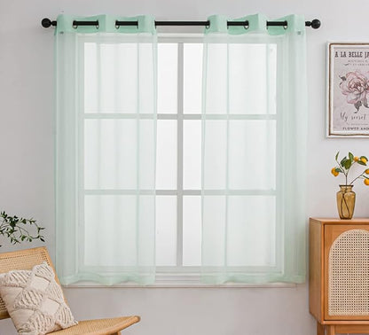 PI Green Sheer Curtain Short Panels,Eyelets Top Natural Voile Backdrop for Dining Room/Kitchen 2 Panels (W52 X L63, Mint Green)