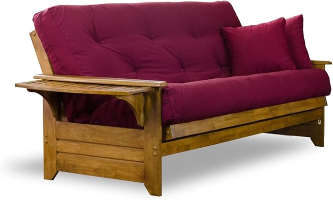 Nirvana Futons Brentwood Tray Arm Futon Sofabed Set - Queen Frame, 8" Burgundy Mattress, Rich Heritage Finish