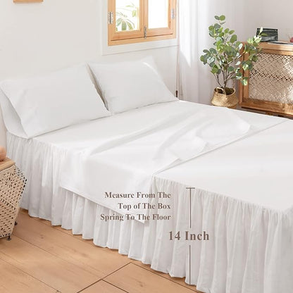 BISELINA French Linen Bed Skirt with Pleated Frills 14-Inch Tailored Drop Natural Flax Cotton Blend Dust Ruffle Soft Cozy Farmhouse Bedding (14" Queen, White)