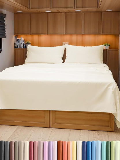 RV Short Queen Sheet Set 60 X 75 - 4 Piece RV Short Queen Bed Sheets - Soft, Breathable & Cooling - Designed for Bunks, Trailers & Campers - Fits 8” to 12" Mattress - Hotel Luxury Bedding - Off White