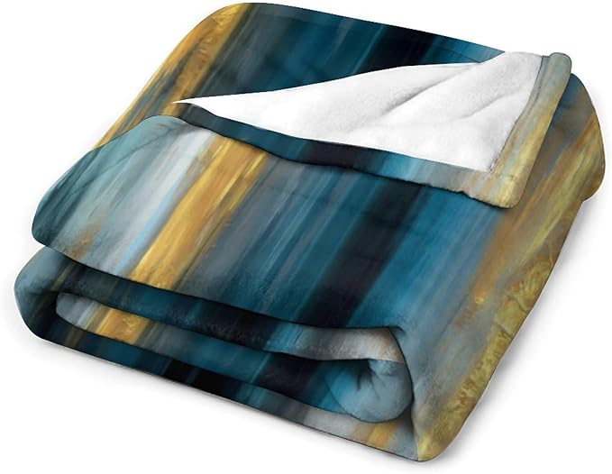 Fashion Gradient Blanket, Modern Abstract Art Gold Lake Blue Painting Strokes Pattern Soft Warm Cozy Plush Flannel Covers for Livingroom Bedroom Couch Chair Camping Travel Home Decor Tapestry 50x60in