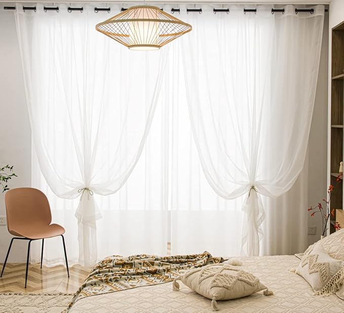 PI Beige Sheer Curtains Long Panels,Ring Top Casual Voile Window Sheer Draperies for Restaurant 2 Panels (W52 X L120, Beige)