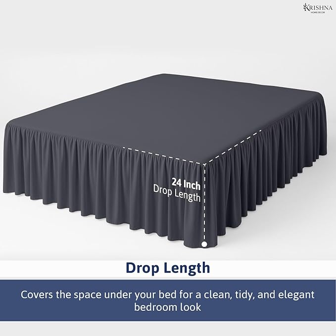 KRISHNA Ruffled Bed Skirt with Split Corners Twin, 100% Microfiber Hotel Quality, 24 Inch Drop Dust Ruffle Gathered Bedskirt with Platform, 39" x 75", Dark Grey
