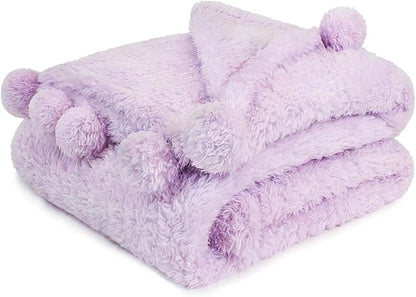 PAVILIA Lavender Sherpa Throw Blanket for Couch, Warm Plush Pom Pom Blanket Throw Twin, Fuzzy Sofa Blanket Throw for Bed, Lightweight Soft Cozy Fluffy Blanket with Pom Poms, Light Purple, 60x80