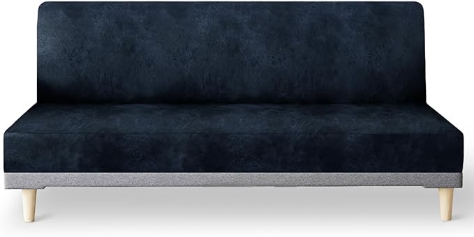 molasofa Leather Like Stretch Futon Slipcover Armless Futon Bed Sofa Cover Furniture Protector with Elastic Bottom, Soft and Washable Futon Cover for Sofa Bed Stay in Place（Medium, Navy Blue）