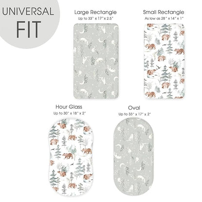 Stretchy Bassinet Mattress Sheets, Ultra Soft Bassinet Sheet 2 Pack, Universal Fitted for Oval Hourglass Rectangular Bassinet Mattress Pad Safe and Snug, Stylish Pattren of Bear and Wolf Print