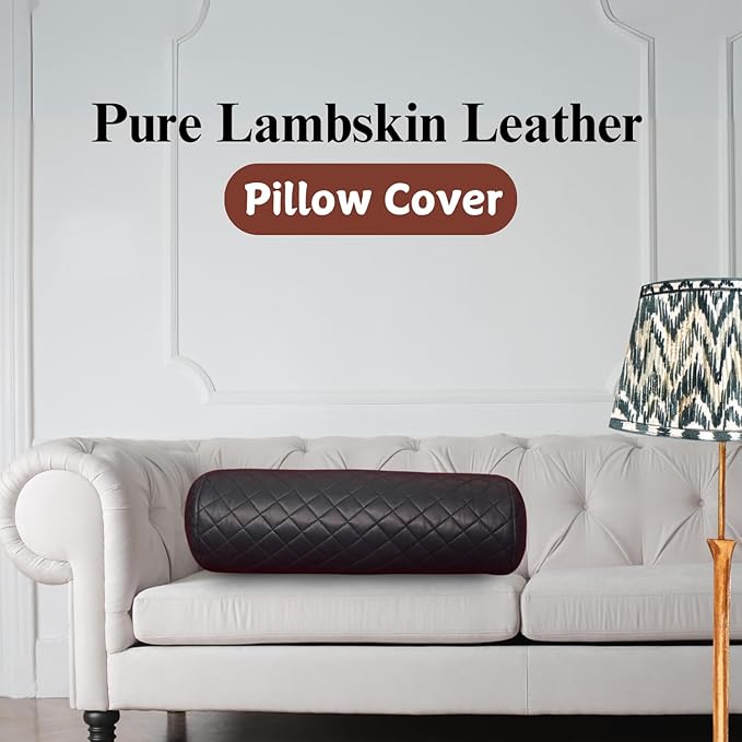 Neck Roll Pillow Cushion Cover, 18x6 Inch Full Moon Round Bolster Pillow Case, Cylinder Soft Lambskin Leather Pillowcase for Head, Spine & Neck Support During Sleep - Quilted Gun Metal Blue Pack of 2