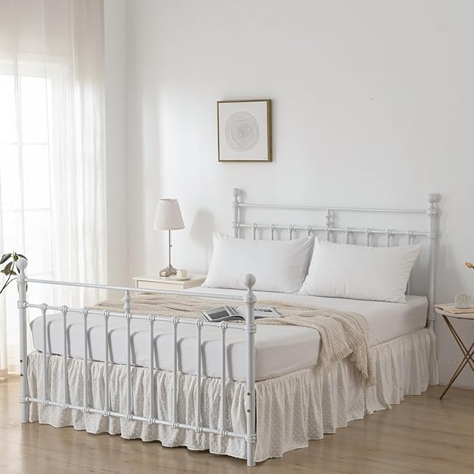 Tufted Dot Bed Skirt Queen Size Ruffled Bed Skirt with Split Corners, 12 Inch Drop Dust Ruffle Bed Skirts with Platform, Ivory