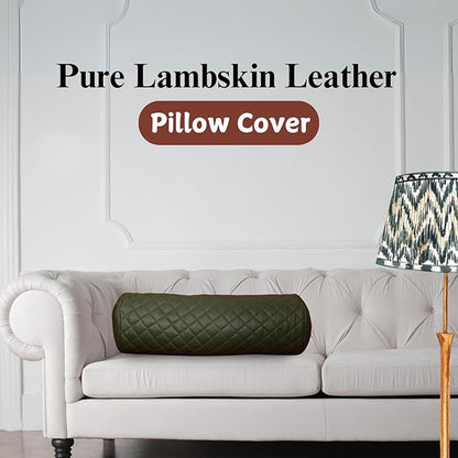 Neck Roll Pillow Cushion Cover, 18x6 Inch Full Moon Round Bolster Pillow Case, Cylinder Soft Lambskin Leather Pillowcase for Head, Spine & Neck Support During Sleep - Quilted Dark Green Pack of 1