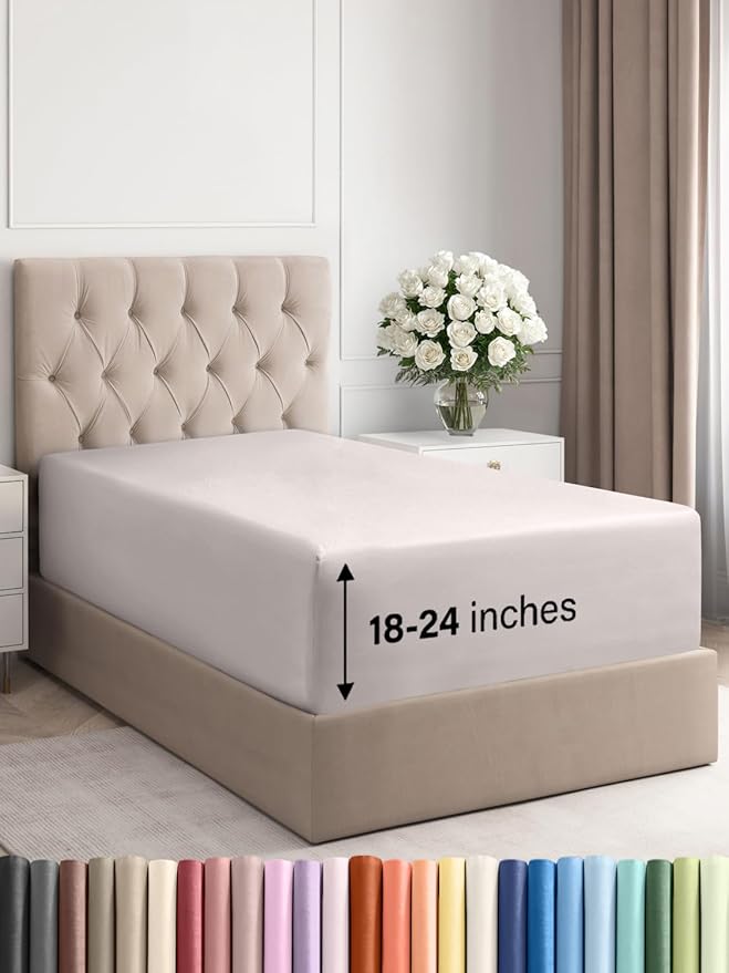 Extra Deep Twin XL Fitted Sheet - Hotel Luxury Single Fitted Sheet Only - Easily Fits 18 inch to 24 inch Mattress - Ultra Soft, Wrinkle Free with Extra Deep Pockets - Breathable & Comfy - Light Grey