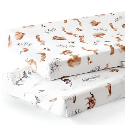 GRSSDER Stretch Ultra Soft Jersey Knit Changing Pad Cover Set 2 Pack, Change Table Pad Covers Fit 32"/34" x 16" Pads Safe and Snug, Pretty Pattern for Boys and Girls, Cute Jungle Squirrels and Animals