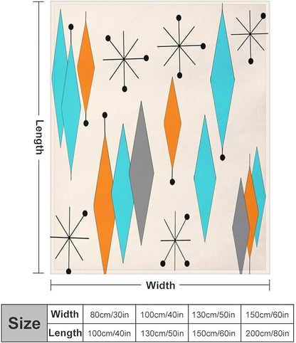 Mid Century Flannel Throw Blankets, Mid Century Modern Geometric Atomic Shapes Orange Retro Style Boho Print Blanket for Bed Couch Sofa Fuzzy Tv Throws 40"x50"