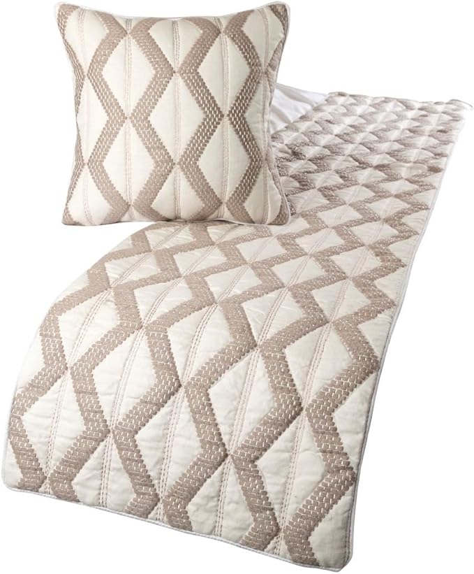 The HomeCentric Ivory Bed Runner, King Size 90"x18" Decorative Bed Runner with Matching Pillow Cover, Ivory & Taupe Linen Quilted Pattern & Linen Embroidery