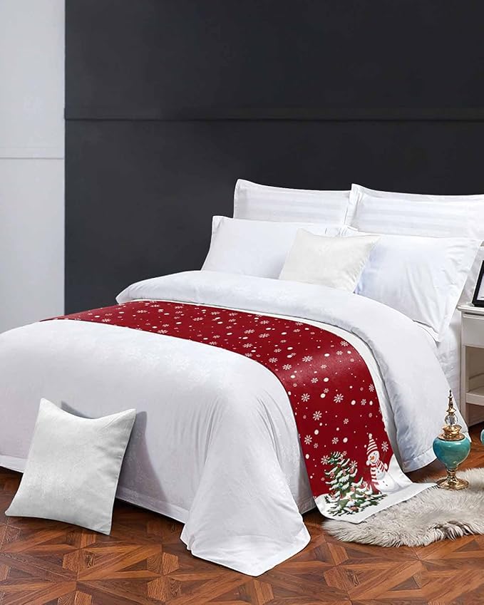 Christmas Tree Snowflakes Snowman Bed Runners for Bedroom Hotel,Decorative Bedding Scarf Red White Green Bed End Blanket Bedding Runner Scarves for Queen Size Bed,94x20in