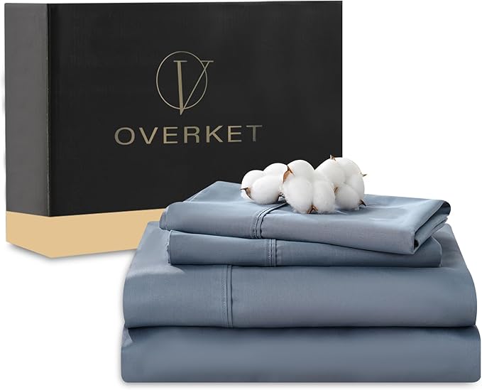 100% Egyptian Cotton Sheets King Size 4PCS 1000 Thread Count Sateen Weave Soft Breathable 16-Inch Deep Pocket （King,Dusty Blue）