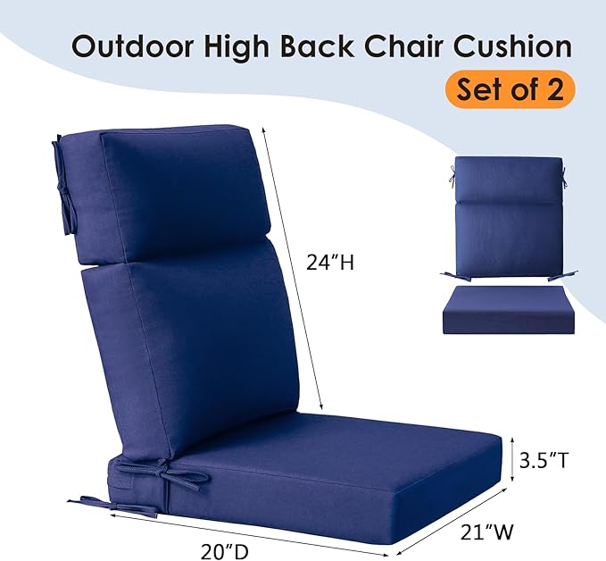 Outdoor Separate High Back Chair Cushion Seat Pads, 2-Pack 44 x 21 Inch Water-Repellent & Fade-Resistant Patio Furniture Cushions with Ties for Adirondack, Rocking Chairs, Navy