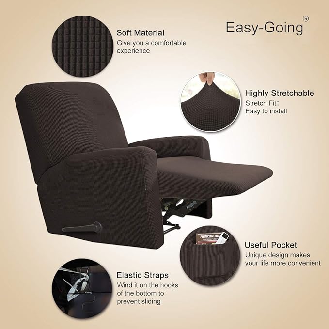 Easy-Going Recliner Stretch Sofa Slipcover Sofa Cover 4-Pieces Furniture Protector Couch Soft with Elastic Bottom Spandex Jacquard Fabric Small Checks(Recliner,Chocolate) Large