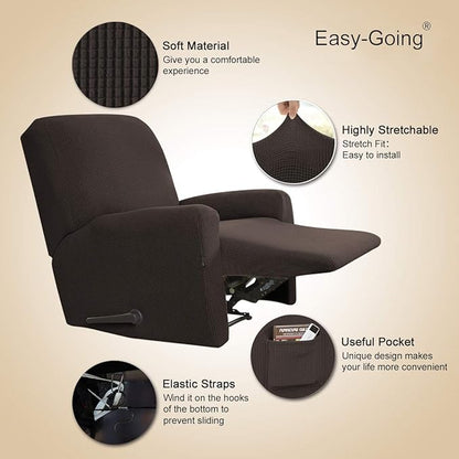 Easy-Going Recliner Stretch Sofa Slipcover Sofa Cover 4-Pieces Furniture Protector Couch Soft with Elastic Bottom Spandex Jacquard Fabric Small Checks(Recliner,Chocolate) Large