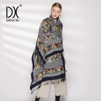 DANA XU 100% Merino Wool Pashmina Shawl for Women 96"x43", Oversized Cashmere Wrap with Tassels, Floral Travel Blanket Cape