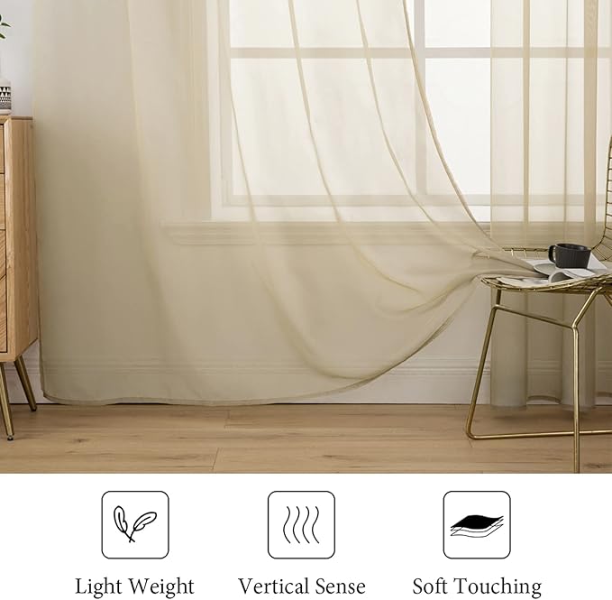 MIULEE 2 Panels Solid Color Sheer Window Curtains Elegant Window Voile Panels/Drapes/Treatment for Bedroom Living Room (54X108 Inches Beige)