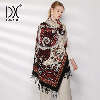 DANA XU 100% Merino Wool Pashmina Shawl for Women 96"x43", Oversized Cashmere Wrap with Tassels, Floral Travel Blanket Cape