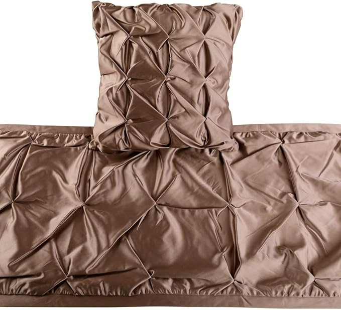 The HomeCentric Beige Bed Runner, Queen Size 74"x18" Decorative Bed Runner with 2 Matching Pillow Cover, Beige Satin Bed Scarf in Pintucks - Satin Ballet Swirl