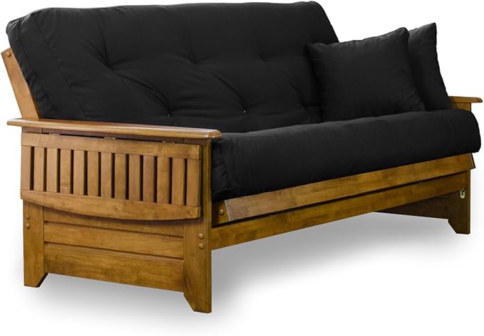 Nirvana Futons Brentwood Tray Arm Futon Sofabed Set - Full Frame, 8" Thick Black Mattress, Rich Heritage Finish