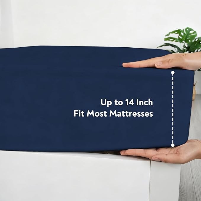 Twin Fitted Sheet Only, Super Soft & Cozy Twin Size Bed Sheets for Boys Kids with Deep Pocket to 14 Inch, Cooling Jersey Mattress Bottom Sheets,Shrinkage & Stain Resistant, Wrinkle Free, Navy Blue
