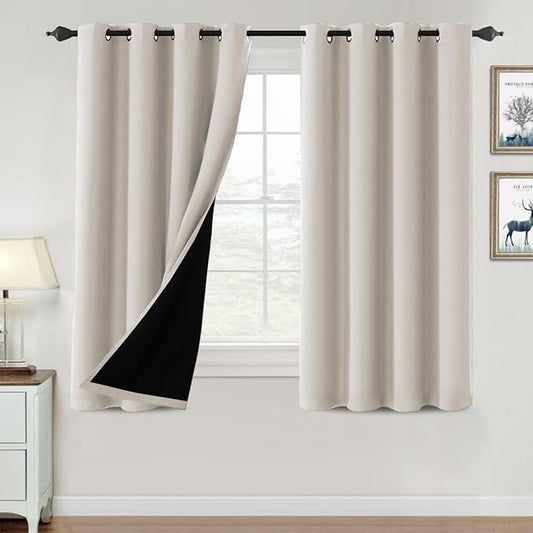 H.VERSAILTEX 100% Blackout Curtains for Bedroom Thermal Insulated Blackout Curtains 54 inch Length Heat and Full Light Blocking Curtains for Living Room with Black Liner 2 Panels Set, Fog