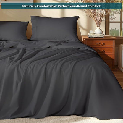 Deep Pocket King Sheets Set - Luxury 338 Thread Count Sateen, 100% Cotton Sheets with All Around Elastic for a, Hotel Quality Bedding Set (Dark Grey Solid)