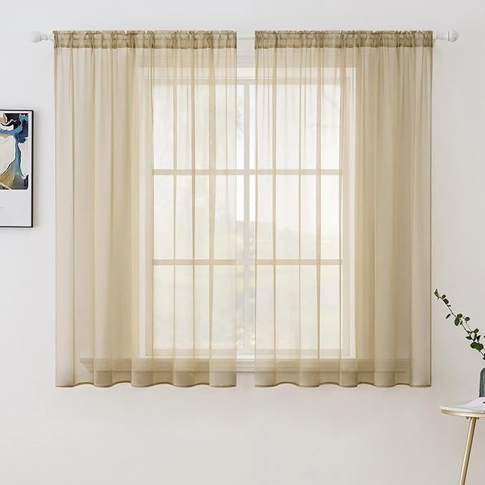 MIULEE Beige Window Sheer Curtains for Bedroom Living Room Solid Elegant Net Drapes 2 Panels Width 38 x Length 63 Inches