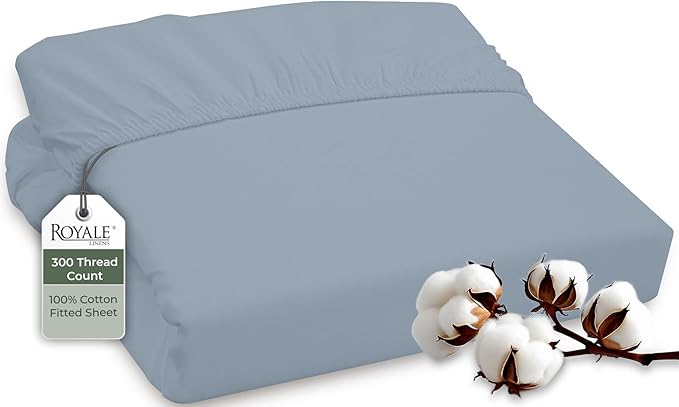 ROYALE LINENS 300 Thread Count 100% Long Staple Combed Cotton Fitted Sheet Twin - Super Soft Deep Pocket Bottom Sheet - Fitted Sheets Only - Elastic Sheets (Twin, Lake Blue)